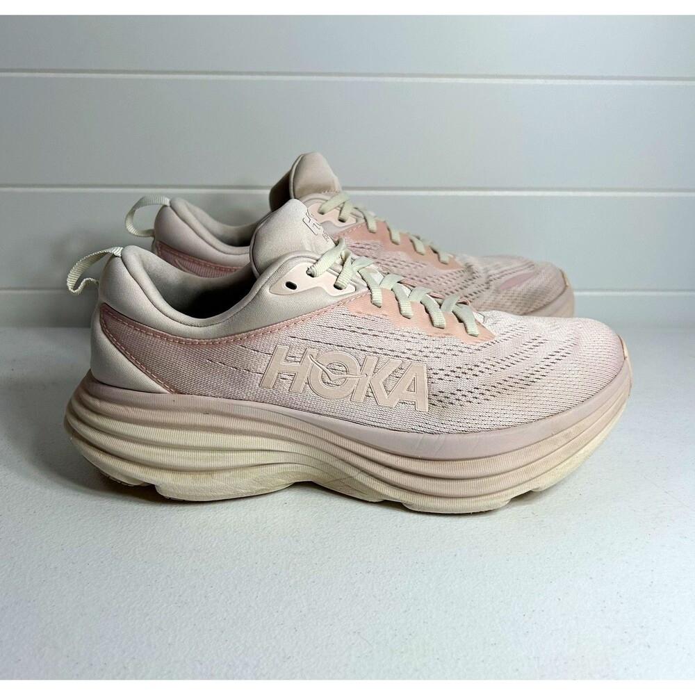 HOKA One One Bondi 8 Women’s Size 9 B Pink White Mesh Lace Up Running Sneakers